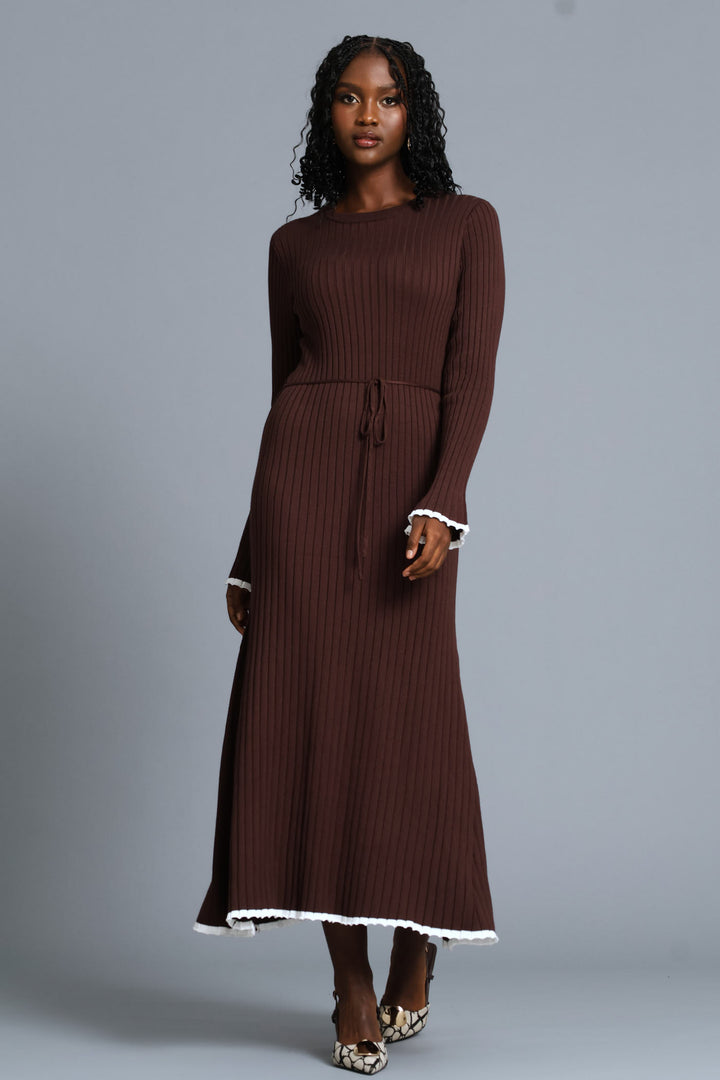 Ribbed Belted Flared Knitwear Maxi Dress - Chocolate