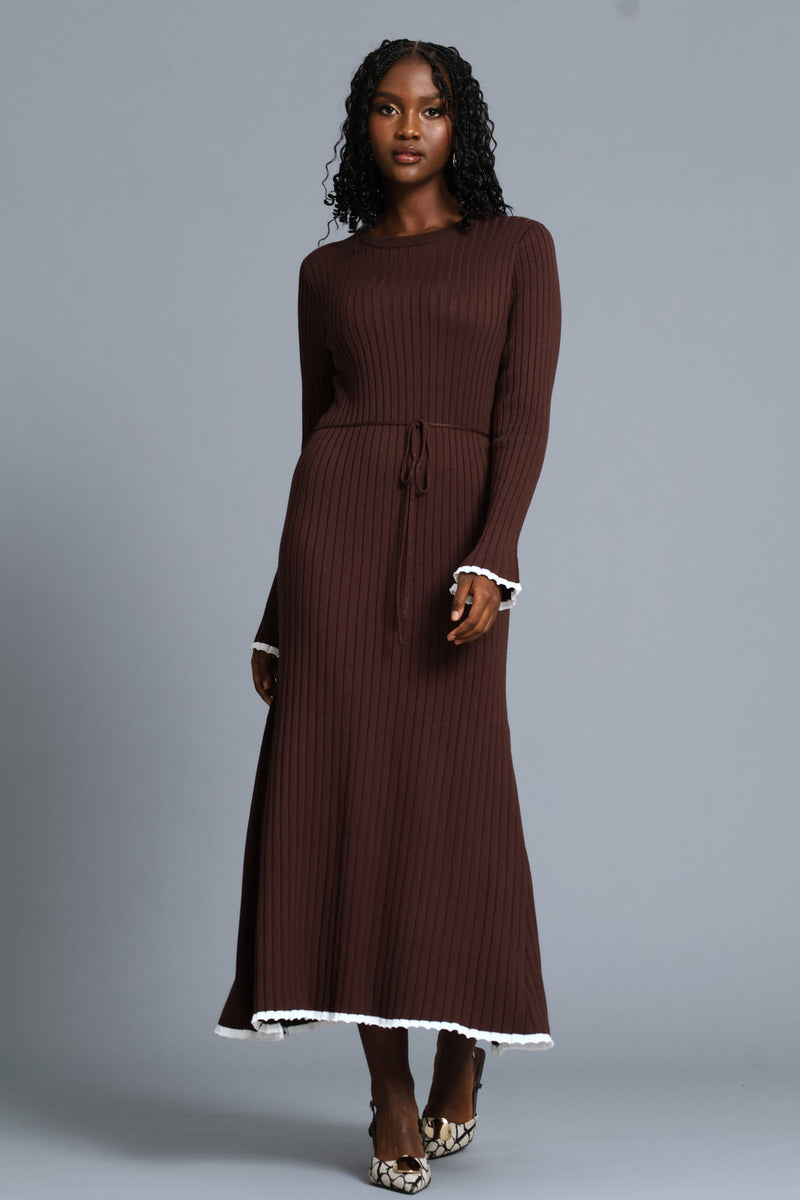Ribbed Belted Flared Knitwear Maxi Dress - Chocolate