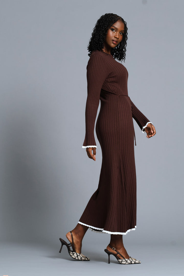 Ribbed Belted Flared Knitwear Maxi Dress - Chocolate