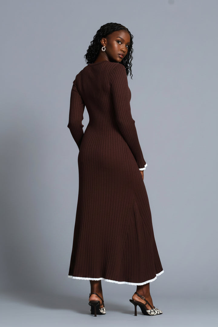 Ribbed Belted Flared Knitwear Maxi Dress - Chocolate