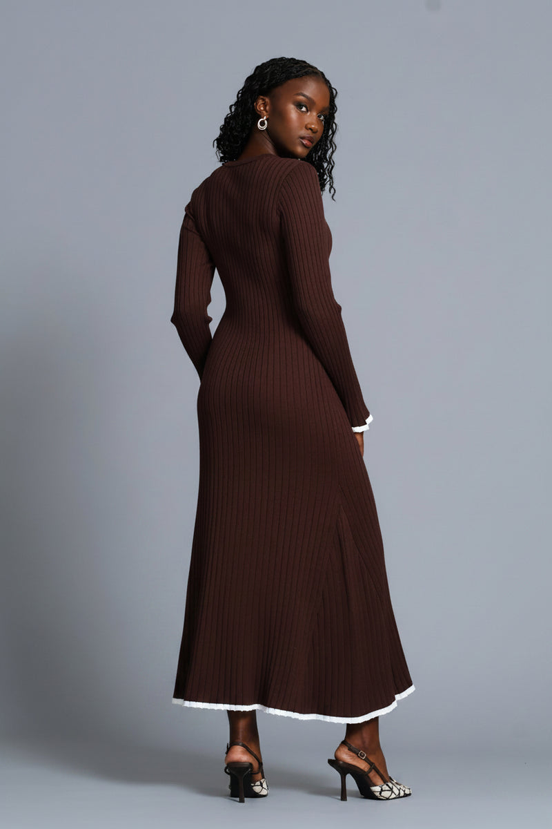 Ribbed Belted Flared Knitwear Maxi Dress - Chocolate