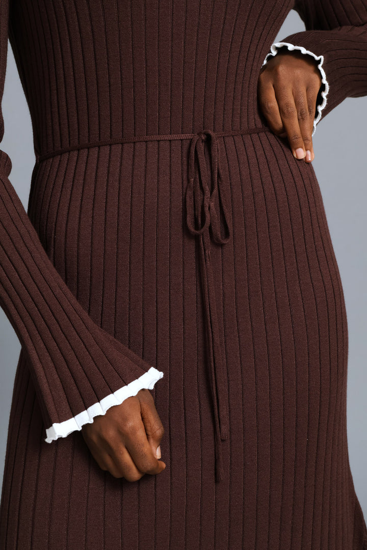 Ribbed Belted Flared Knitwear Maxi Dress - Chocolate