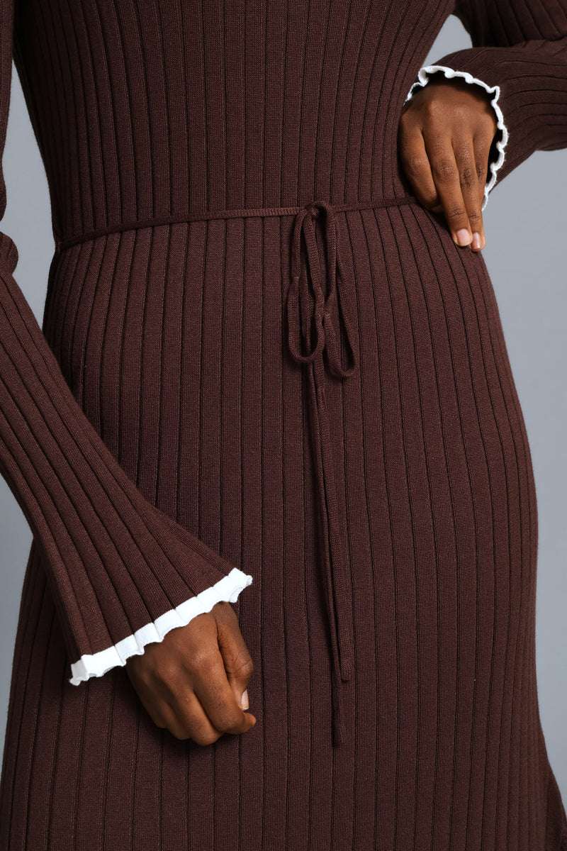 Ribbed Belted Flared Knitwear Maxi Dress - Chocolate