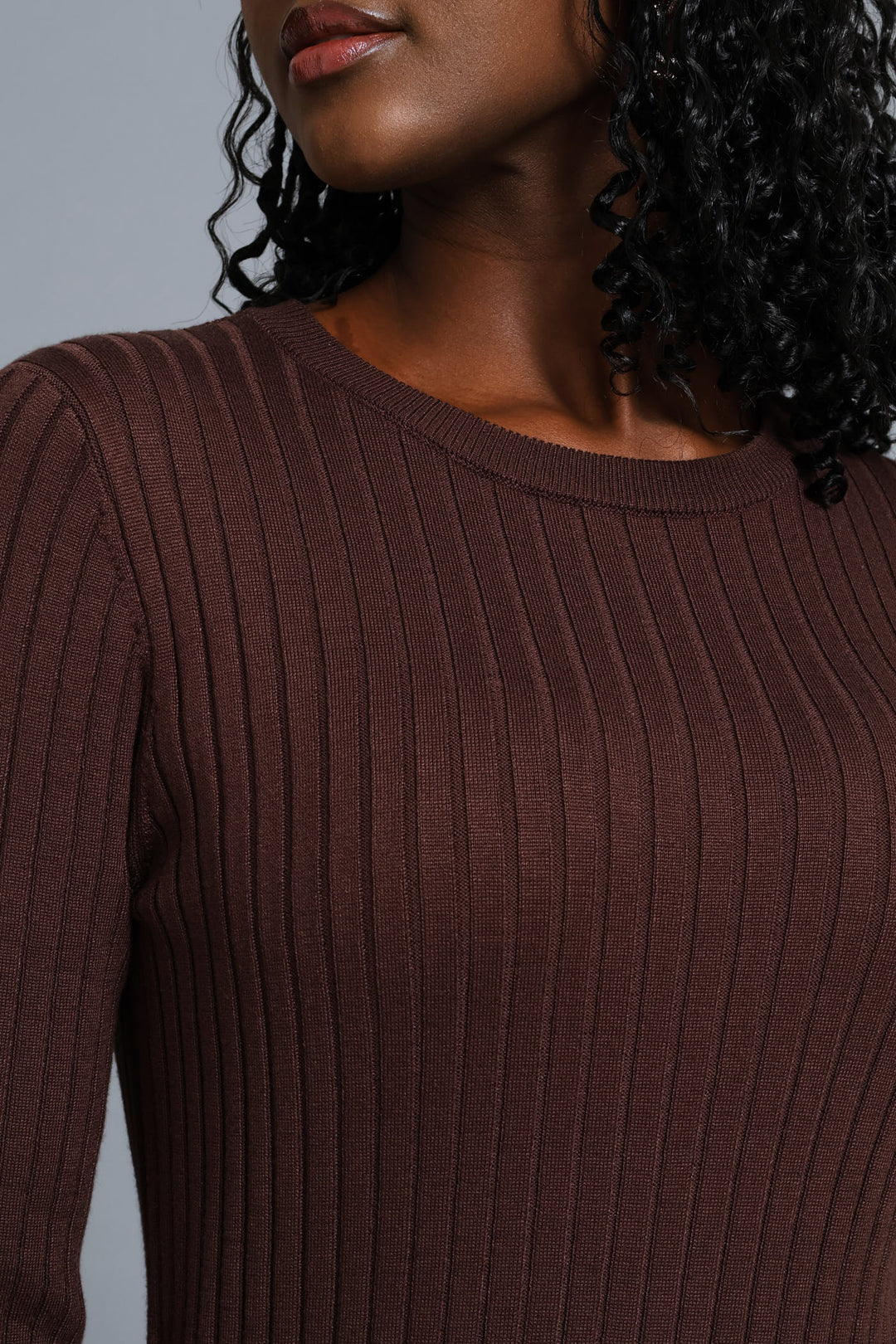 Ribbed Belted Flared Knitwear Maxi Dress - Chocolate