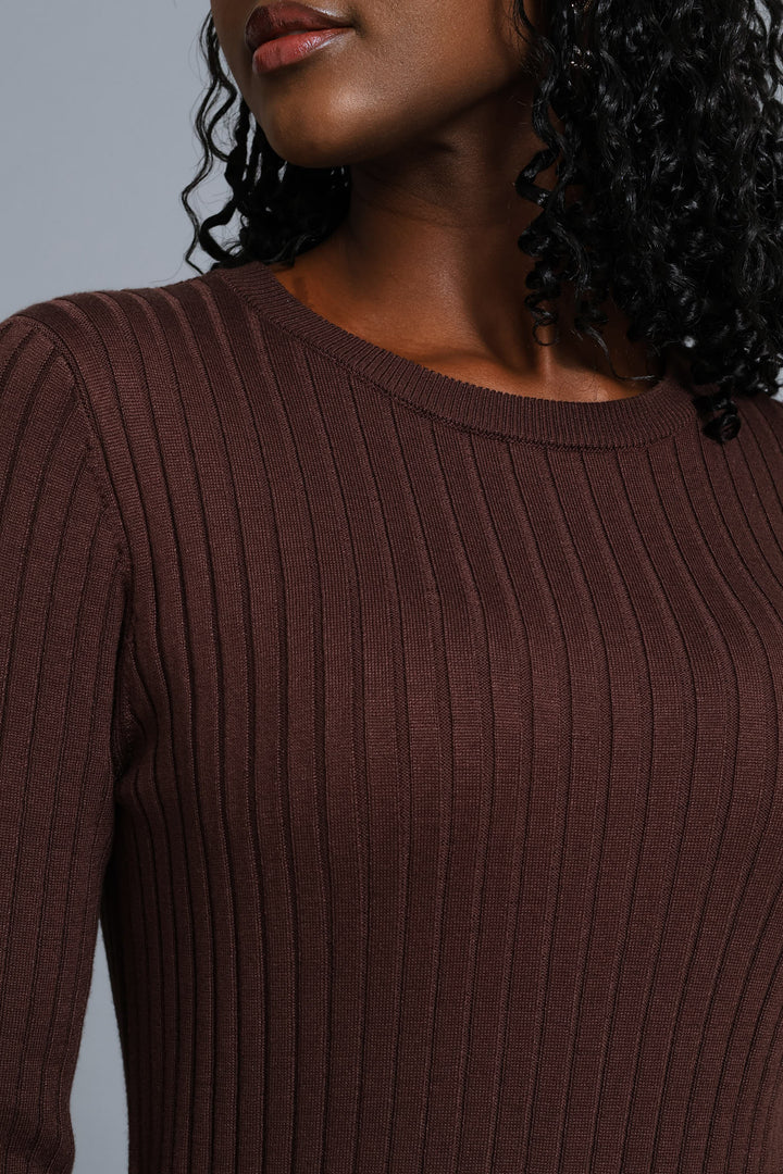 Ribbed Belted Flared Knitwear Maxi Dress - Chocolate