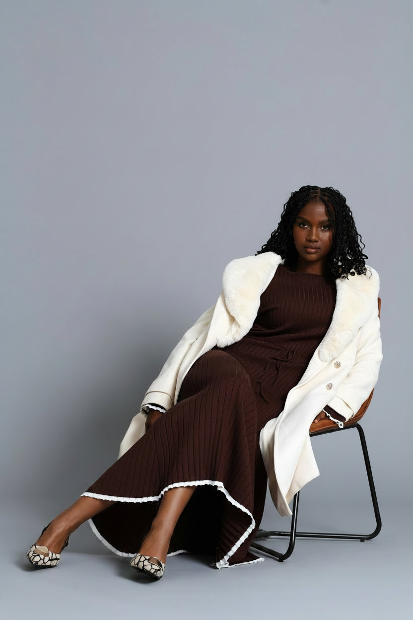 Ribbed Belted Flared Knitwear Maxi Dress - Chocolate