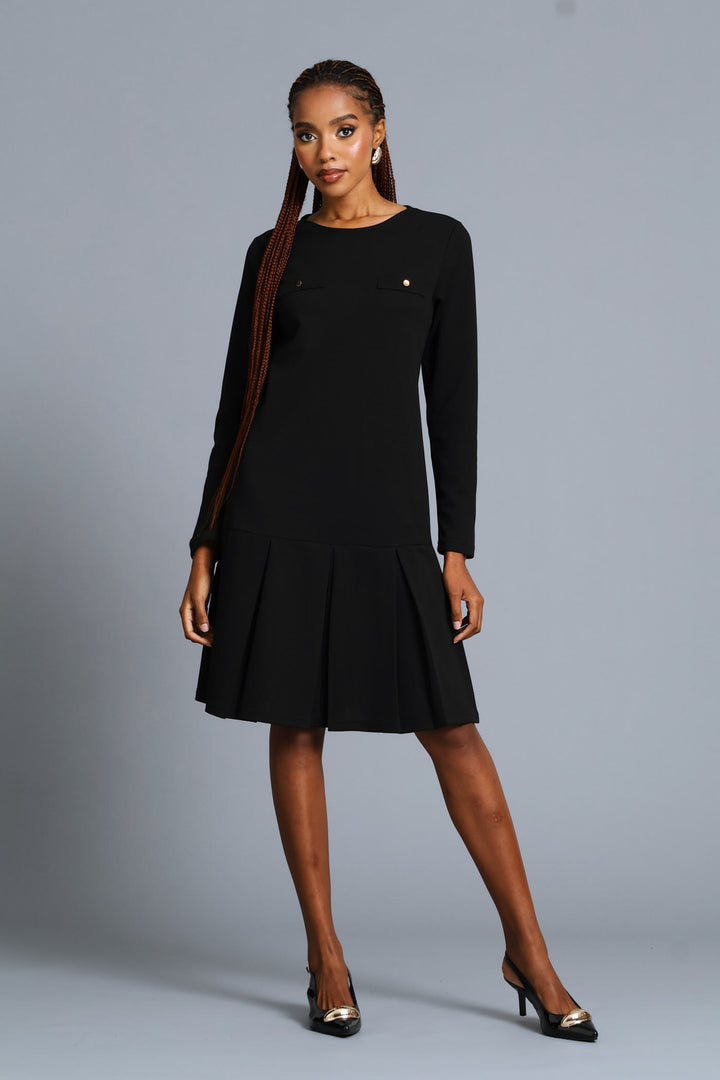 Box Pleated Hem Shift Dress - Black