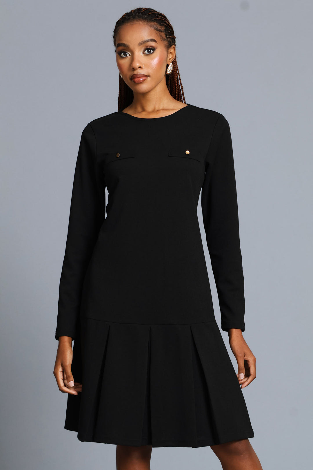 Box Pleated Hem Shift Dress - Black