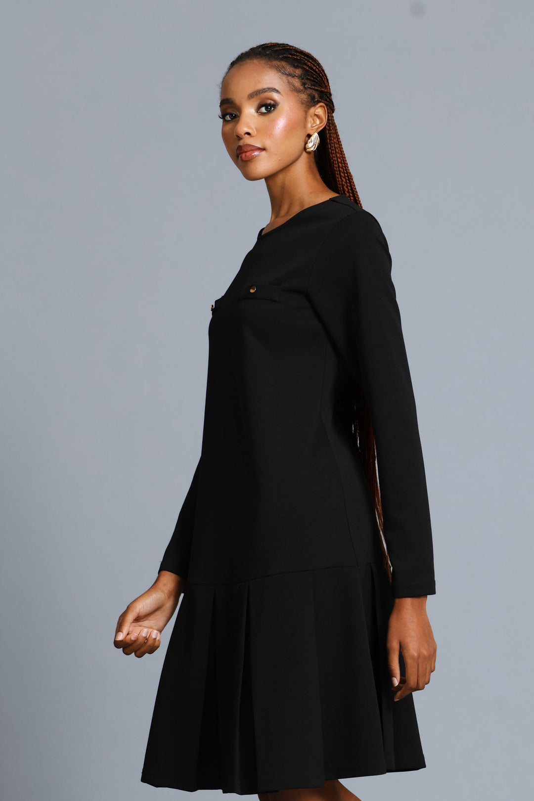 Box Pleated Hem Shift Dress - Black