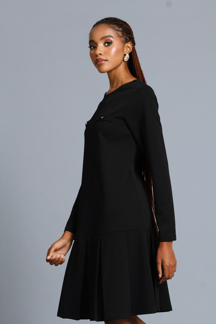 Box Pleated Hem Shift Dress - Black