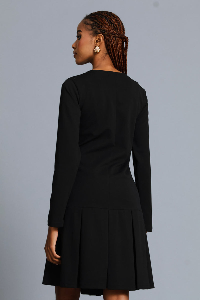 Box Pleated Hem Shift Dress - Black