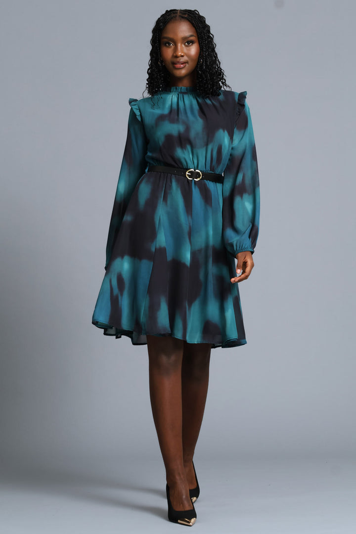 Hi Neck Belted Tea Dress - Teal