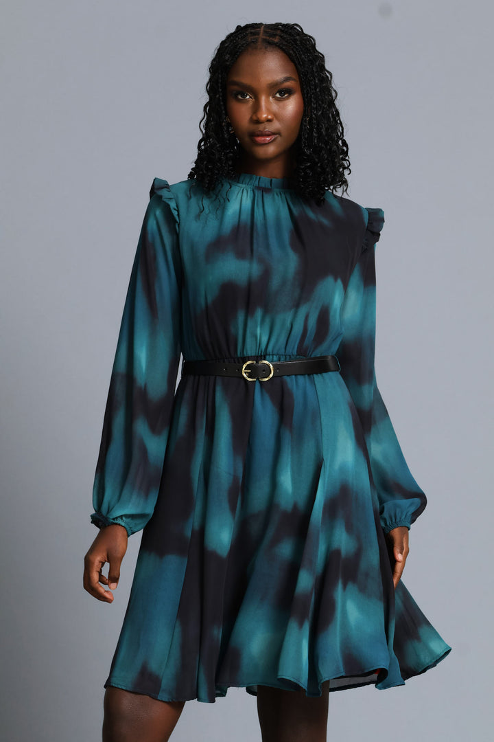 Hi Neck Belted Tea Dress - Teal