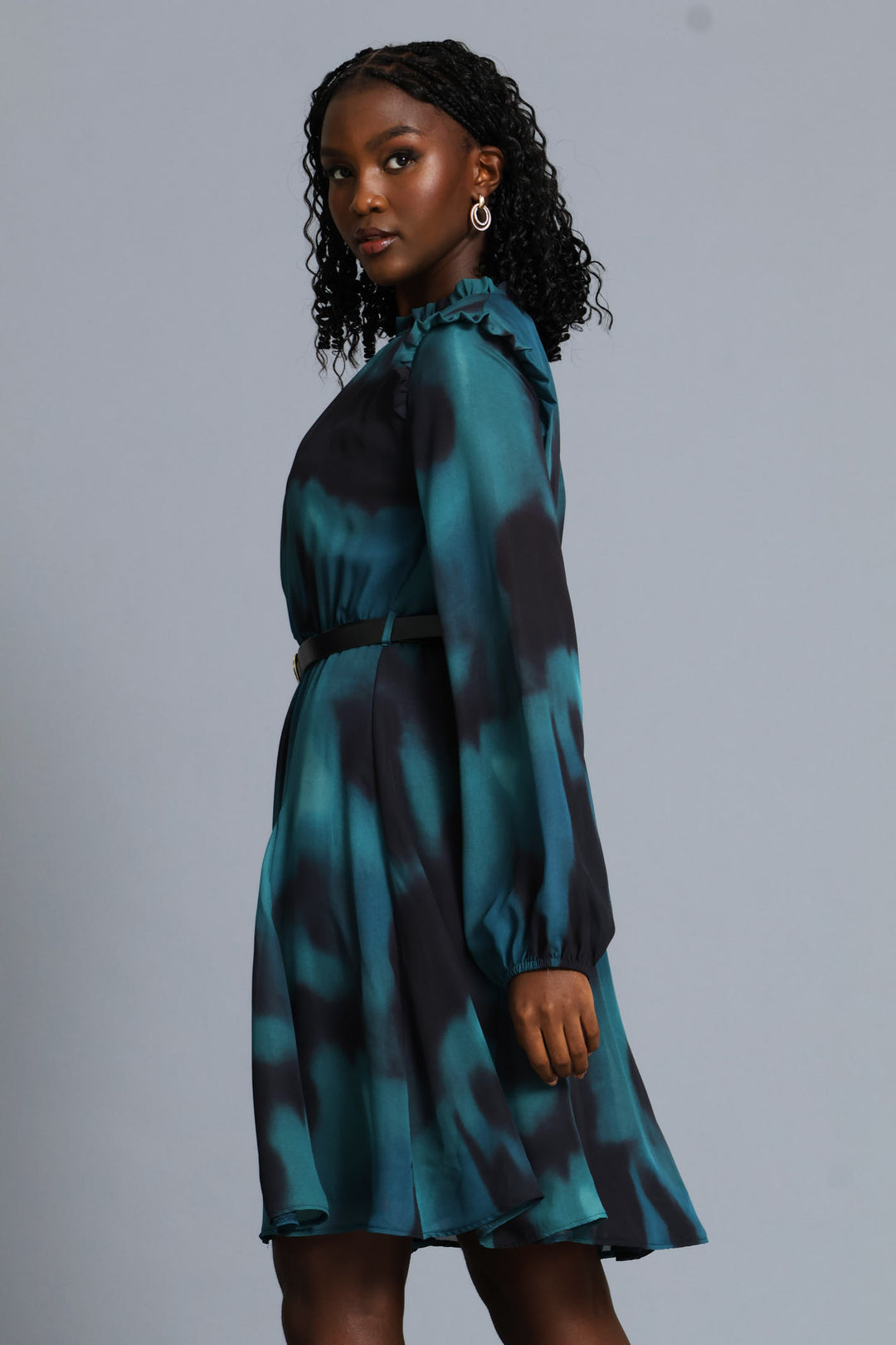 Hi Neck Belted Tea Dress - Teal
