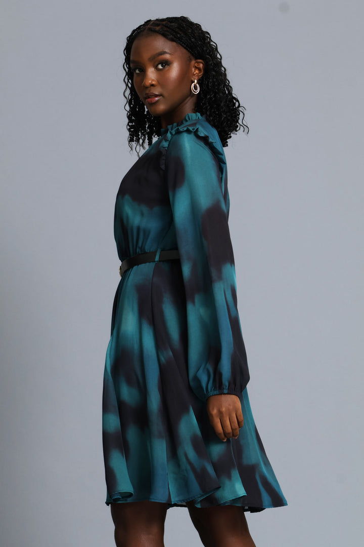 Hi Neck Belted Tea Dress - Teal