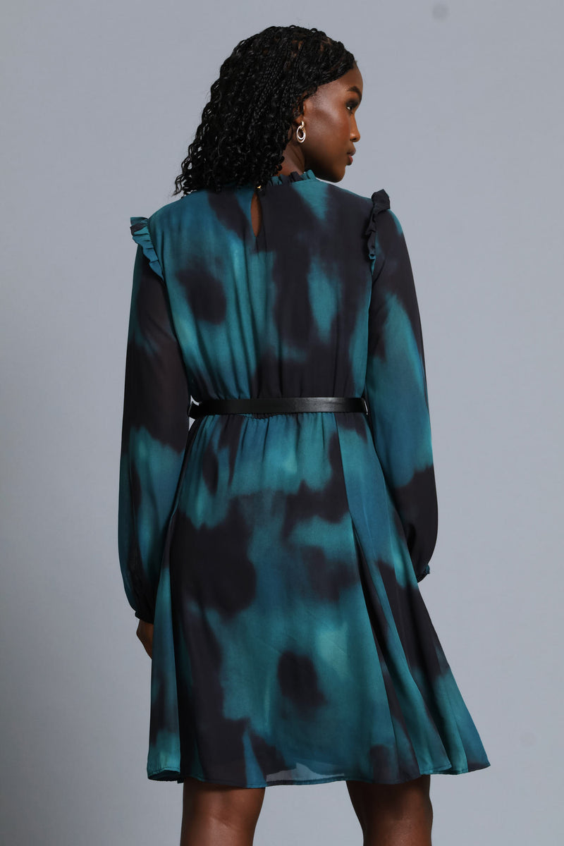 Hi Neck Belted Tea Dress - Teal