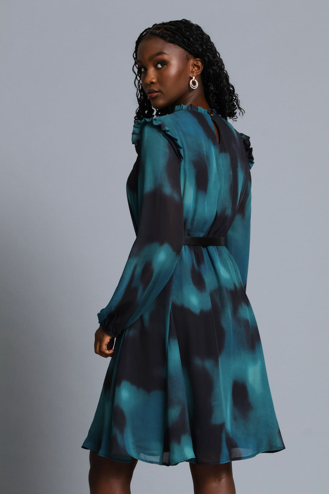 Hi Neck Belted Tea Dress - Teal