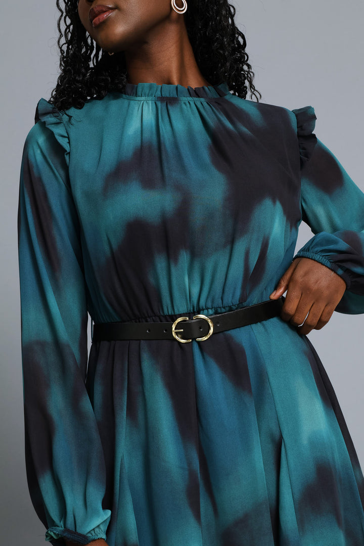 Hi Neck Belted Tea Dress - Teal
