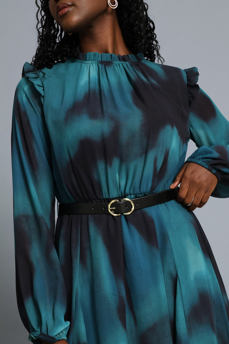 Hi Neck Belted Tea Dress - Teal