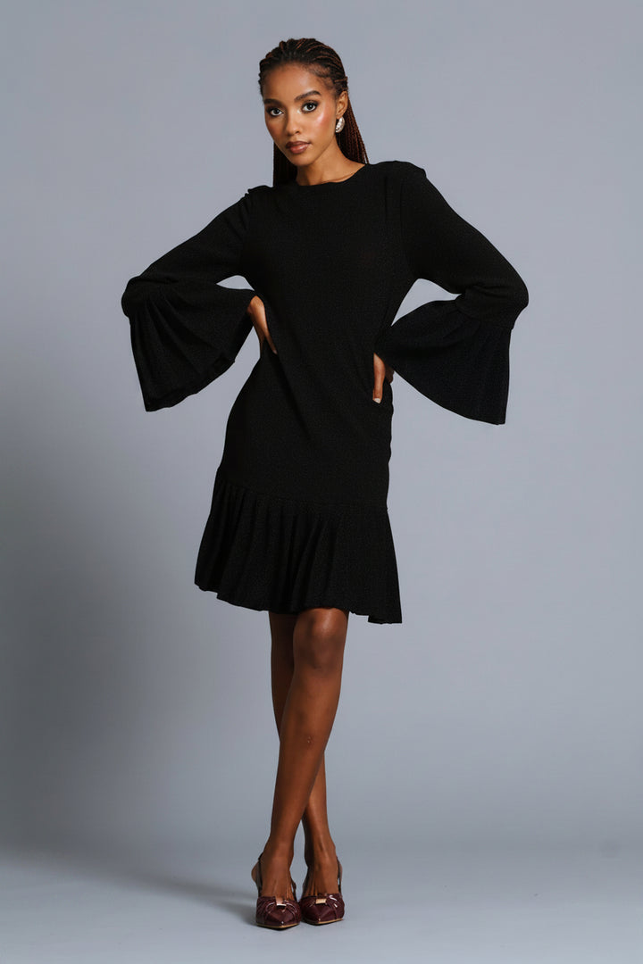 Pleated Frill Hem Shimmer Dress - Black