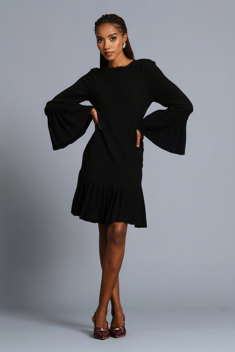 Pleated Frill Hem Shimmer Dress - Black
