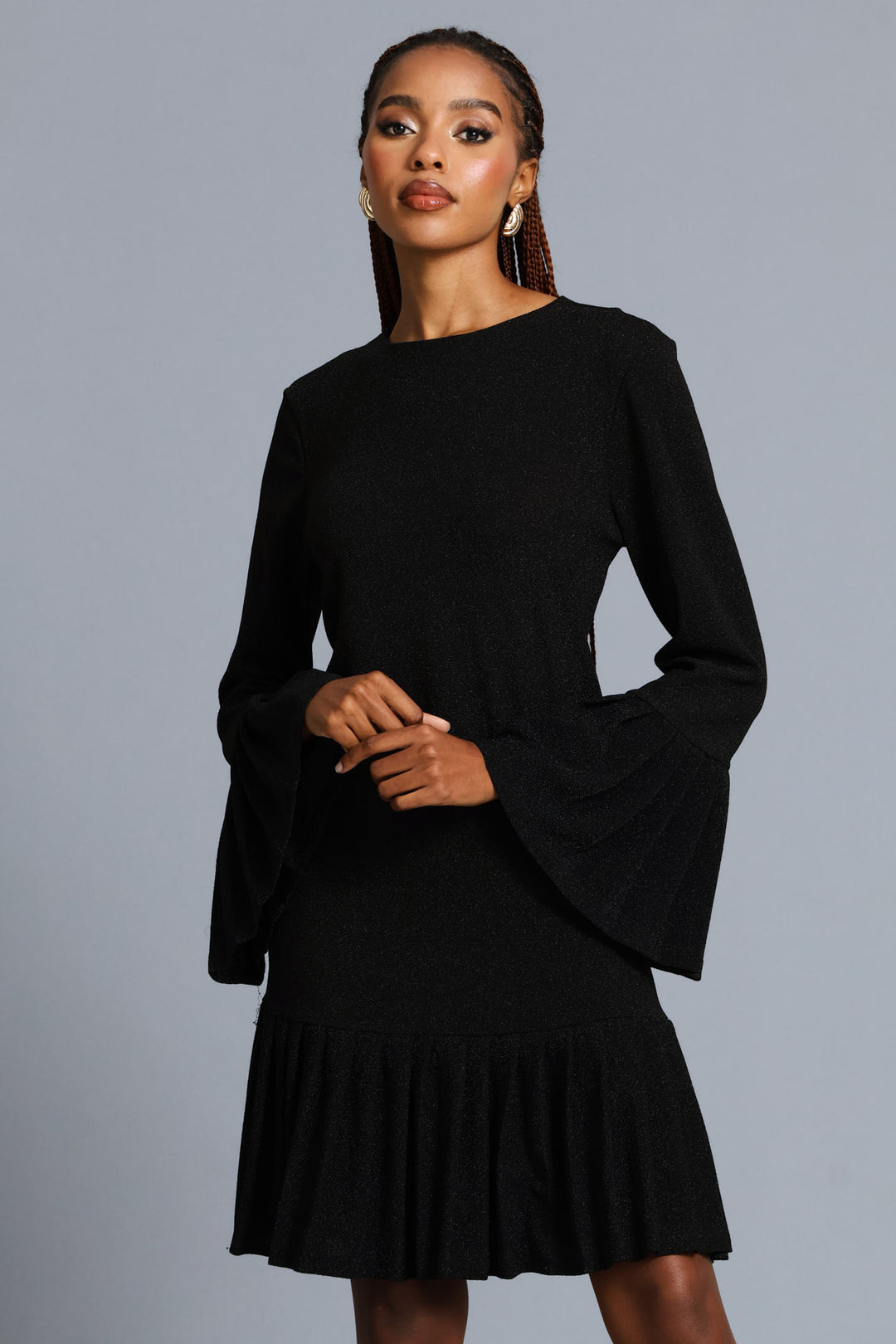 Pleated Frill Hem Shimmer Dress - Black