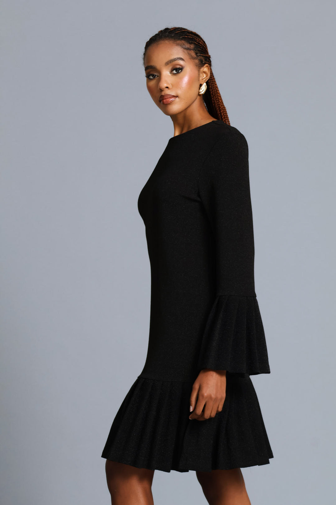 Pleated Frill Hem Shimmer Dress - Black