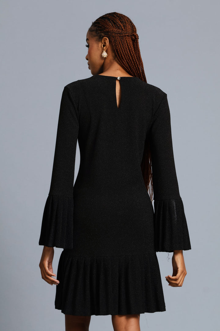 Pleated Frill Hem Shimmer Dress - Black
