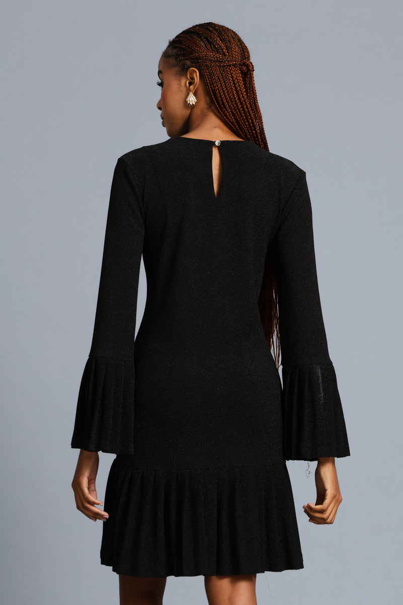 Pleated Frill Hem Shimmer Dress - Black