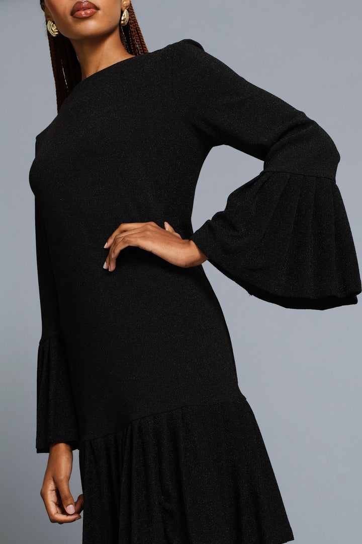Pleated Frill Hem Shimmer Dress - Black