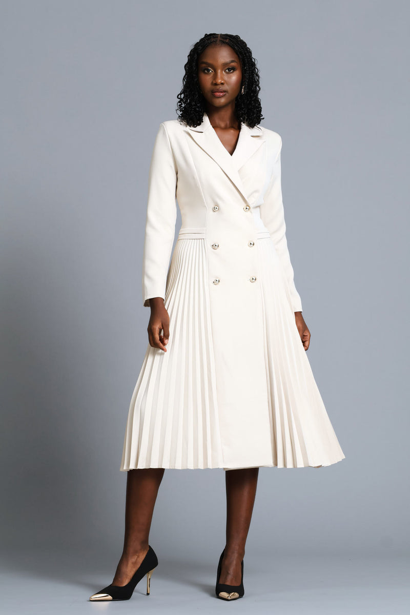 Double Pleated Midi Dress - Cream