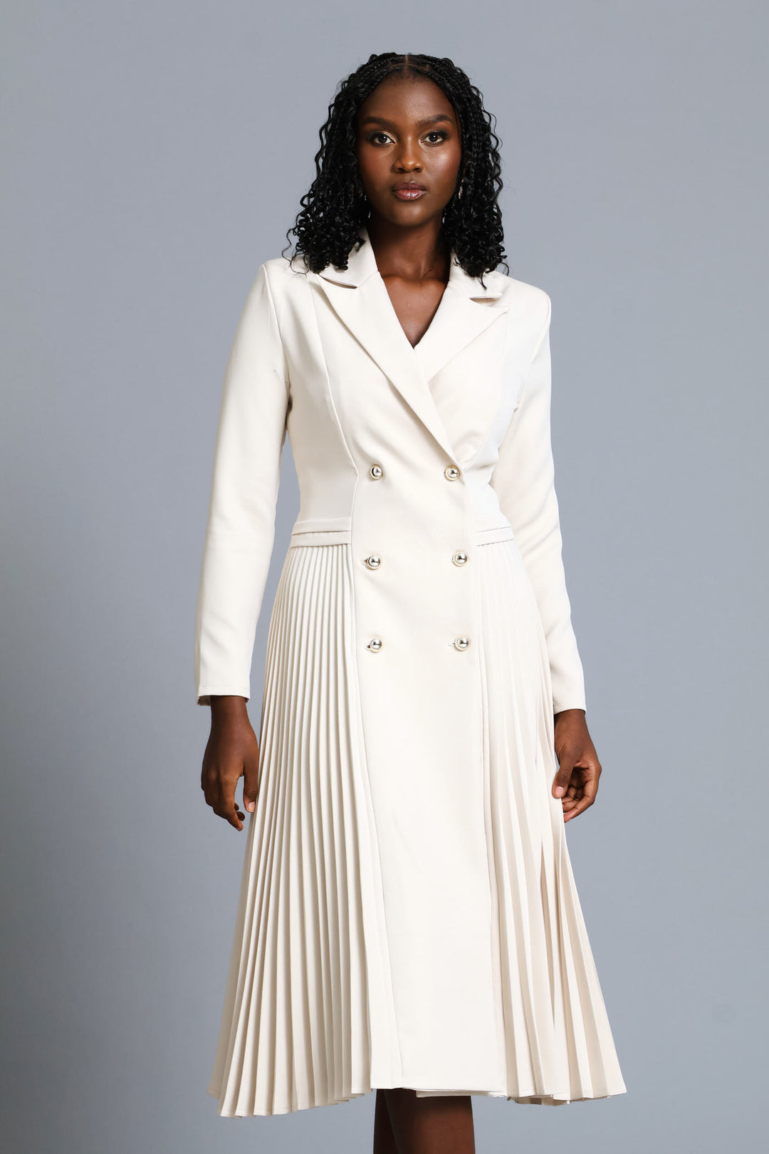 Double Pleated Midi Dress - Cream
