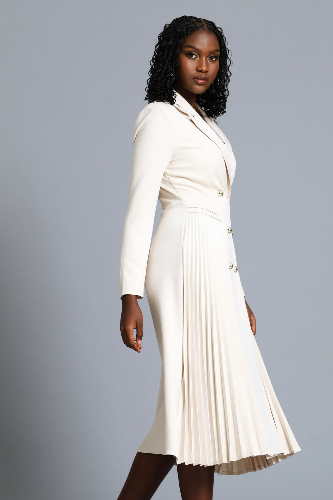 Double Pleated Midi Dress - Cream