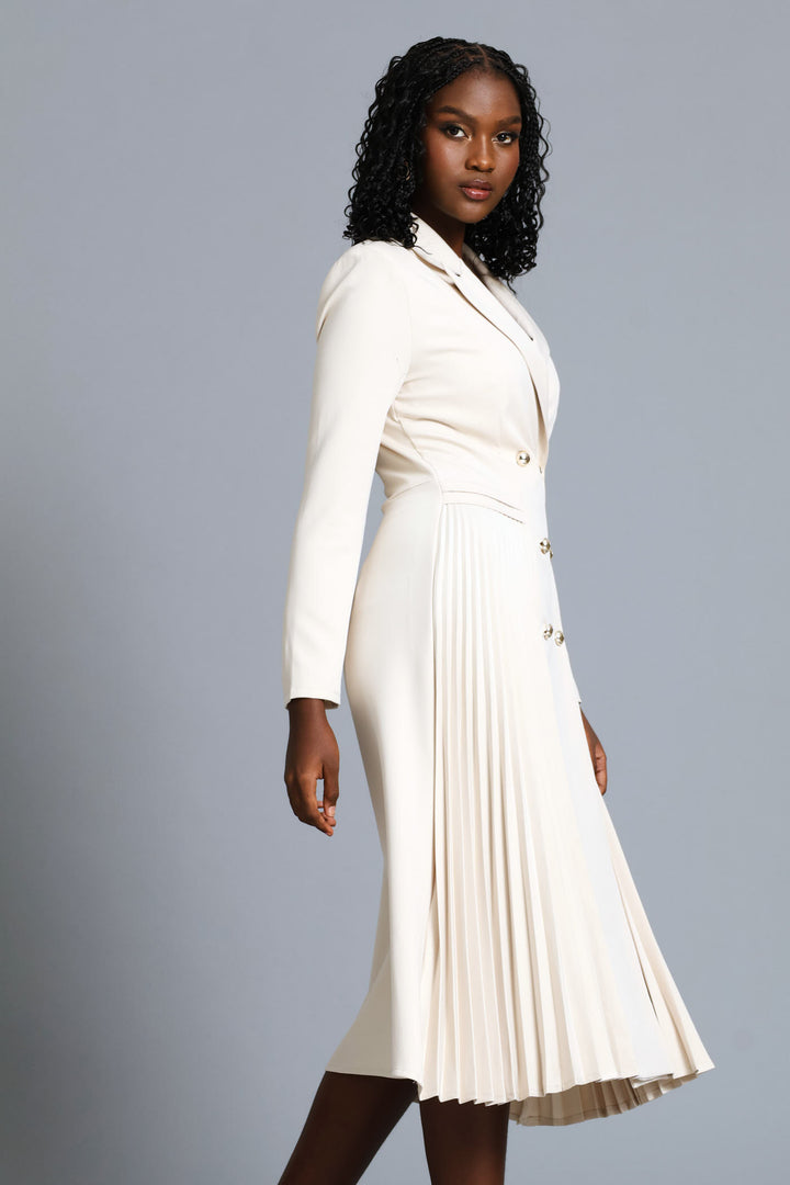 Double Pleated Midi Dress - Cream