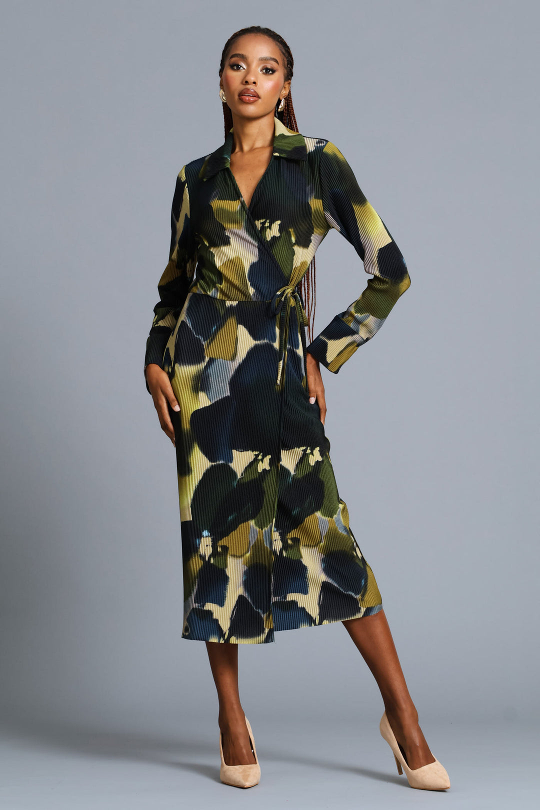 Wrap Side Trim Abstract Plisse Midi Dress - Teal
