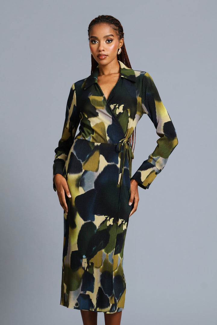 Wrap Side Trim Abstract Plisse Midi Dress - Teal
