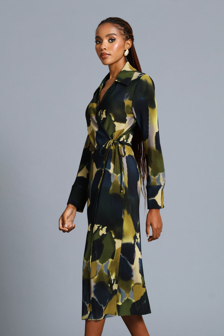 Wrap Side Trim Abstract Plisse Midi Dress - Teal
