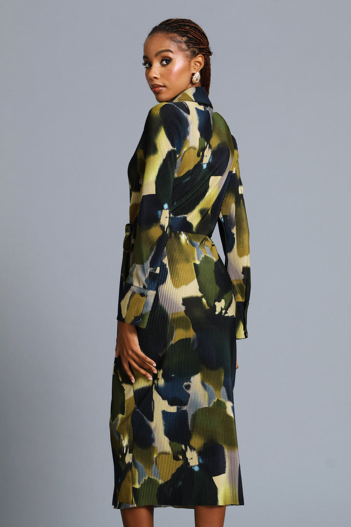 Wrap Side Trim Abstract Plisse Midi Dress - Teal