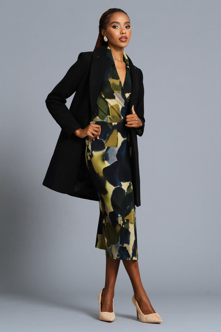 Wrap Side Trim Abstract Plisse Midi Dress - Teal