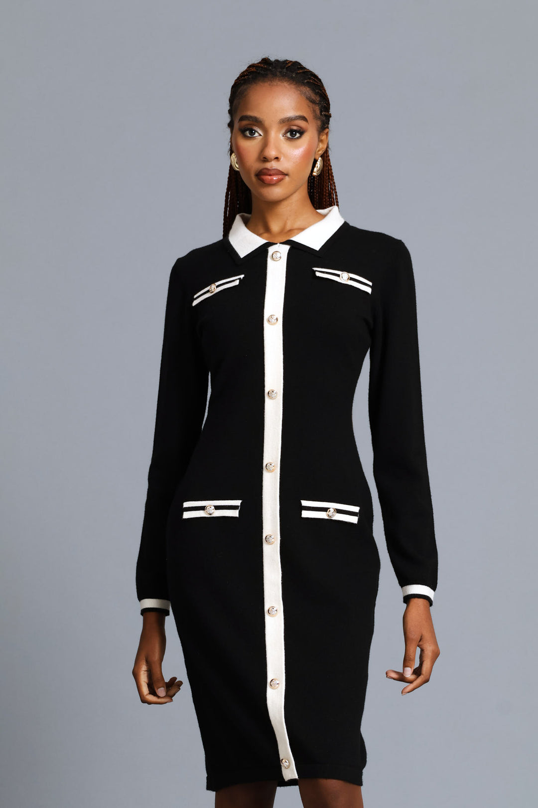 Button Through Preppy Knitwear Dress - Black/Cream