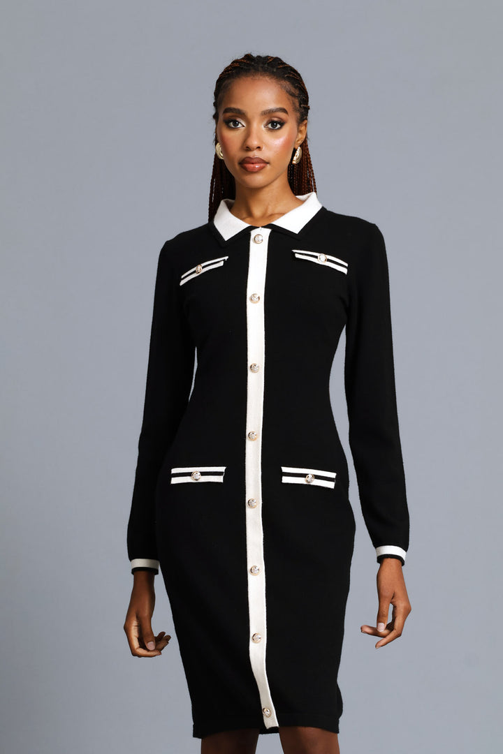 Button Through Preppy Knitwear Dress - Black/Cream