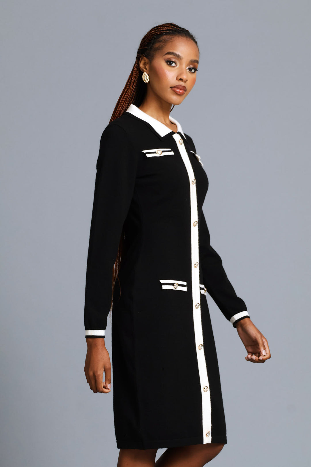 Button Through Preppy Knitwear Dress - Black/Cream