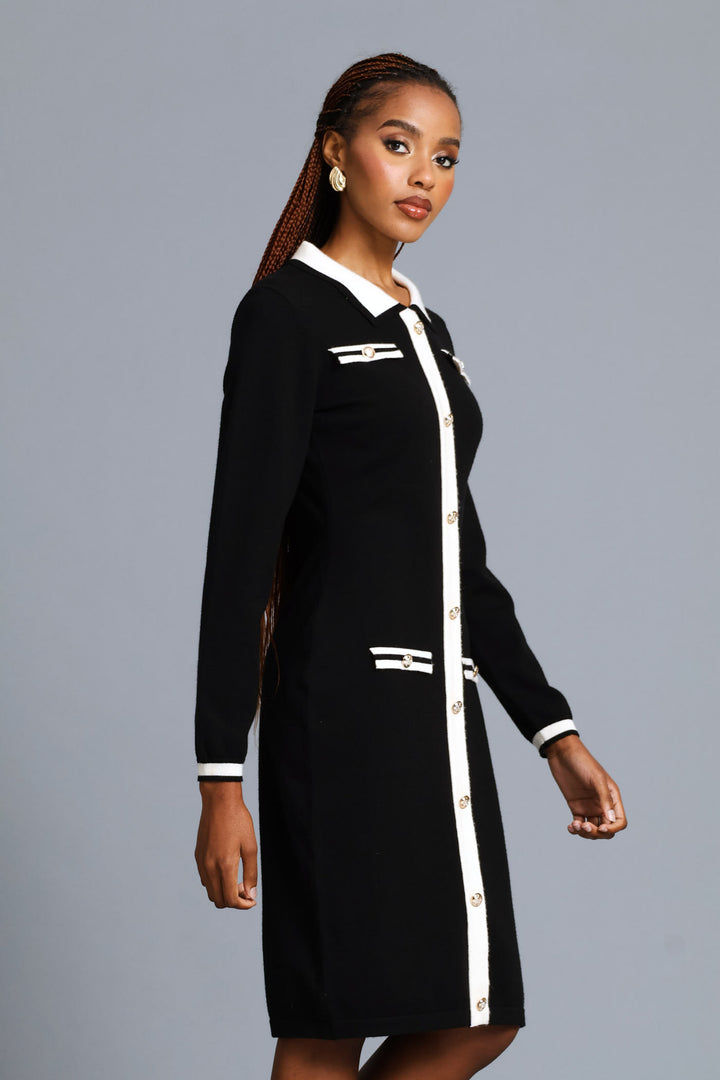Button Through Preppy Knitwear Dress - Black/Cream