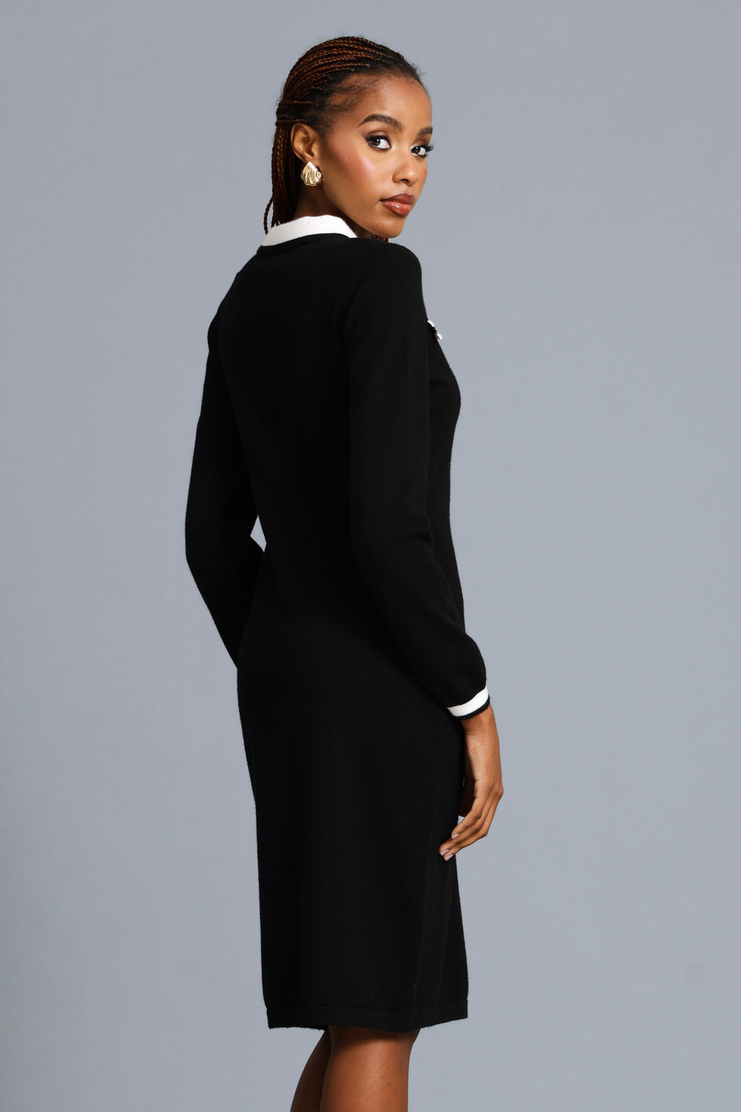 Button Through Preppy Knitwear Dress - Black/Cream