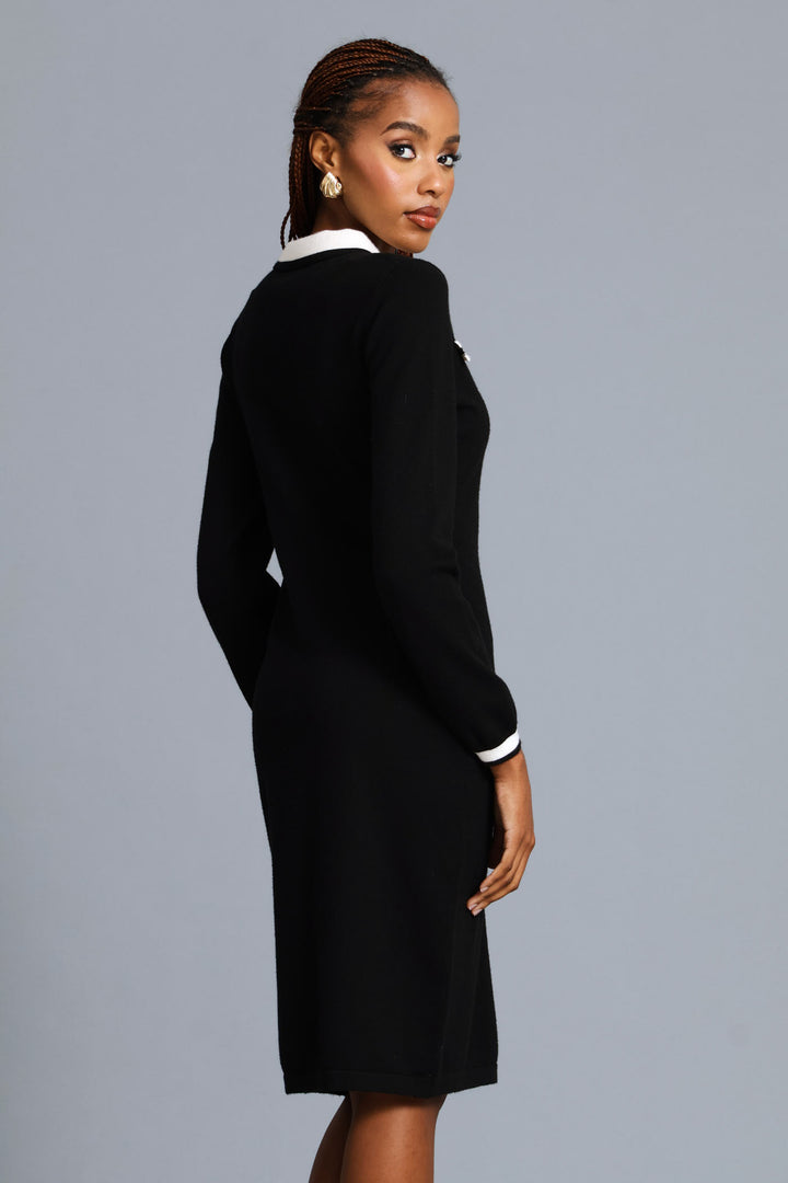 Button Through Preppy Knitwear Dress - Black/Cream