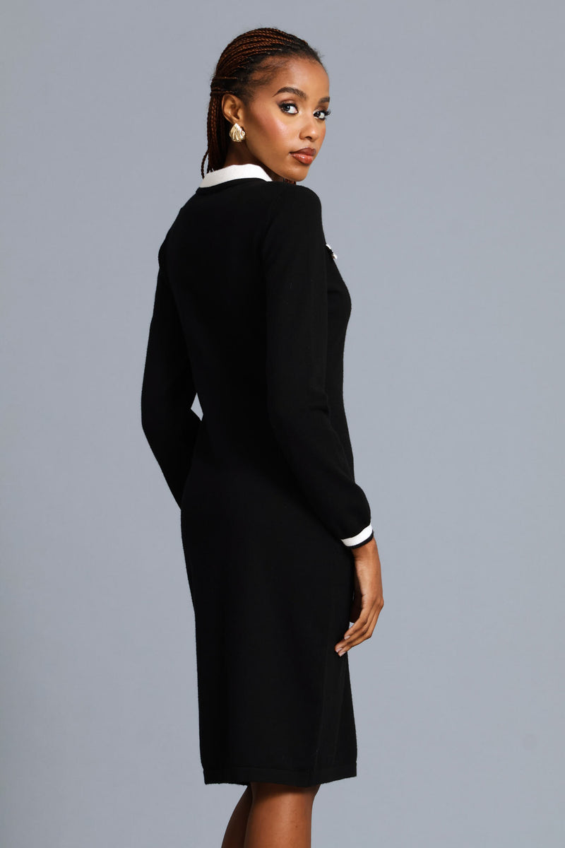 Button Through Preppy Knitwear Dress - Black/Cream