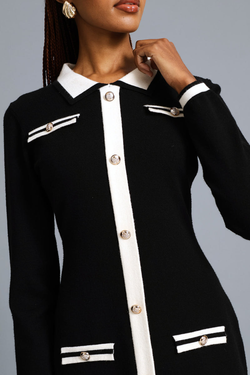 Button Through Preppy Knitwear Dress - Black/Cream
