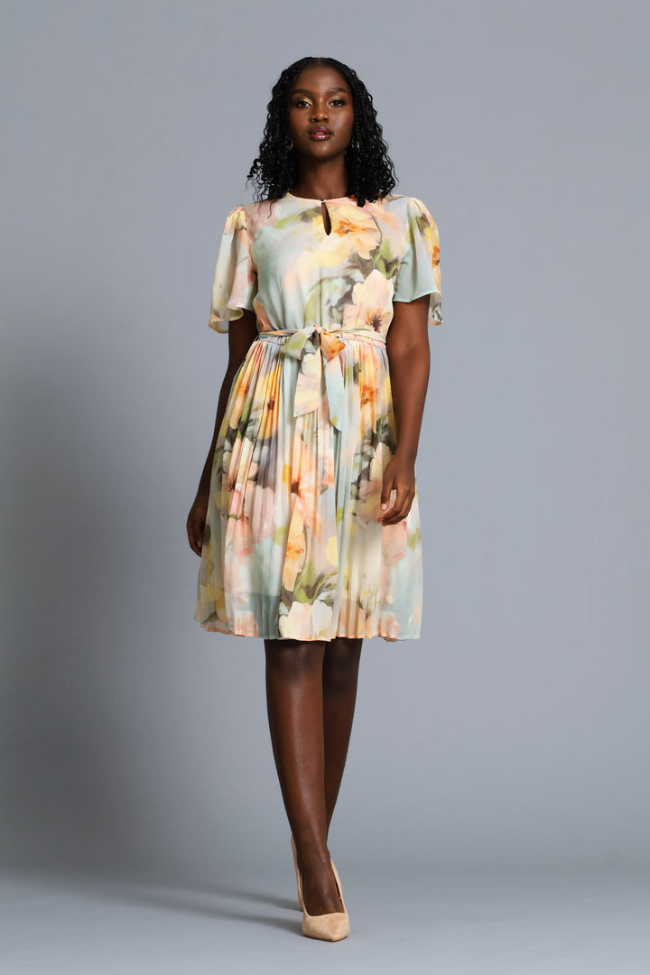 Floral Watercolour Pleated Tea Dress - Cream