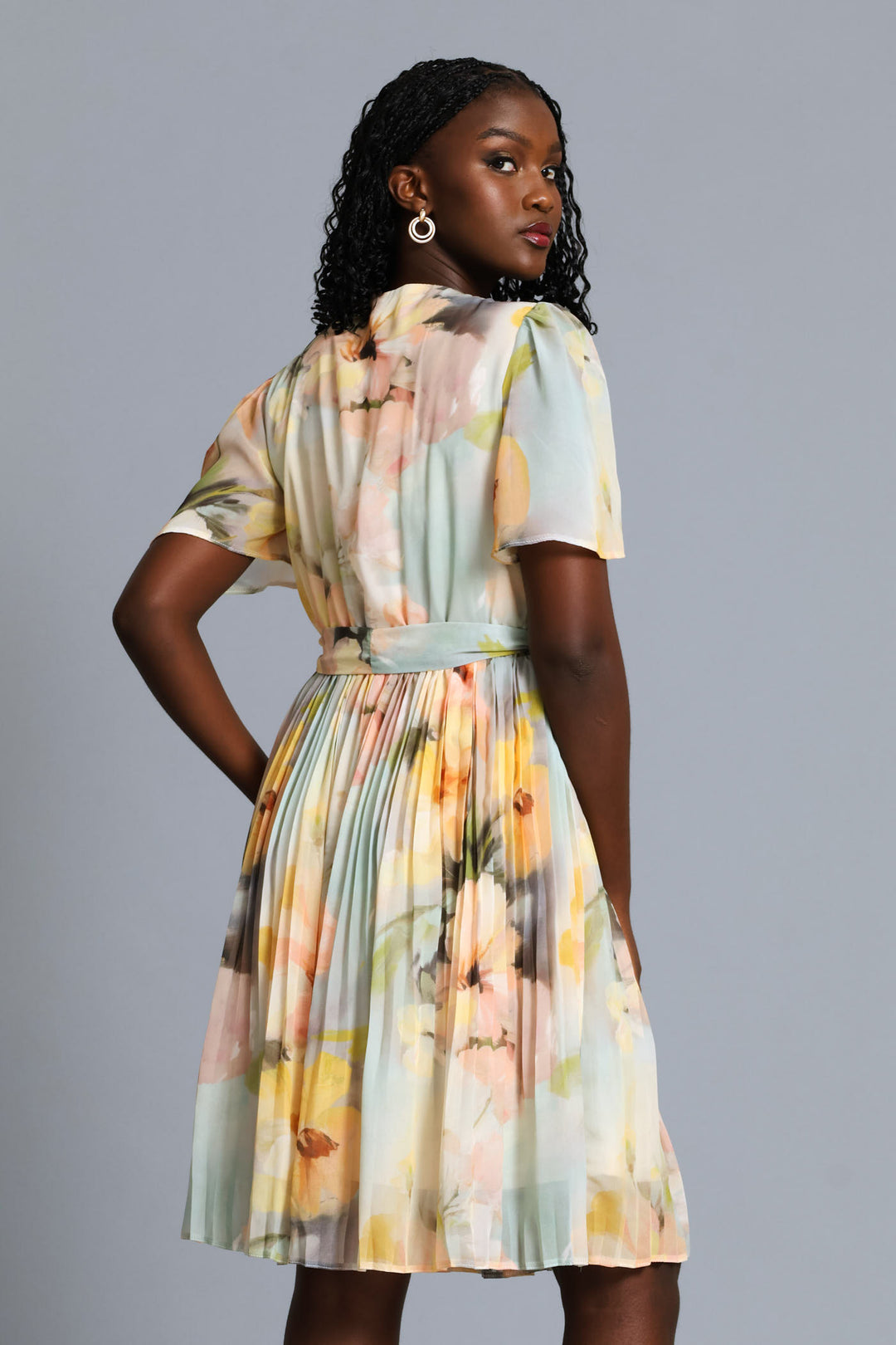 Floral Watercolour Pleated Tea Dress - Cream