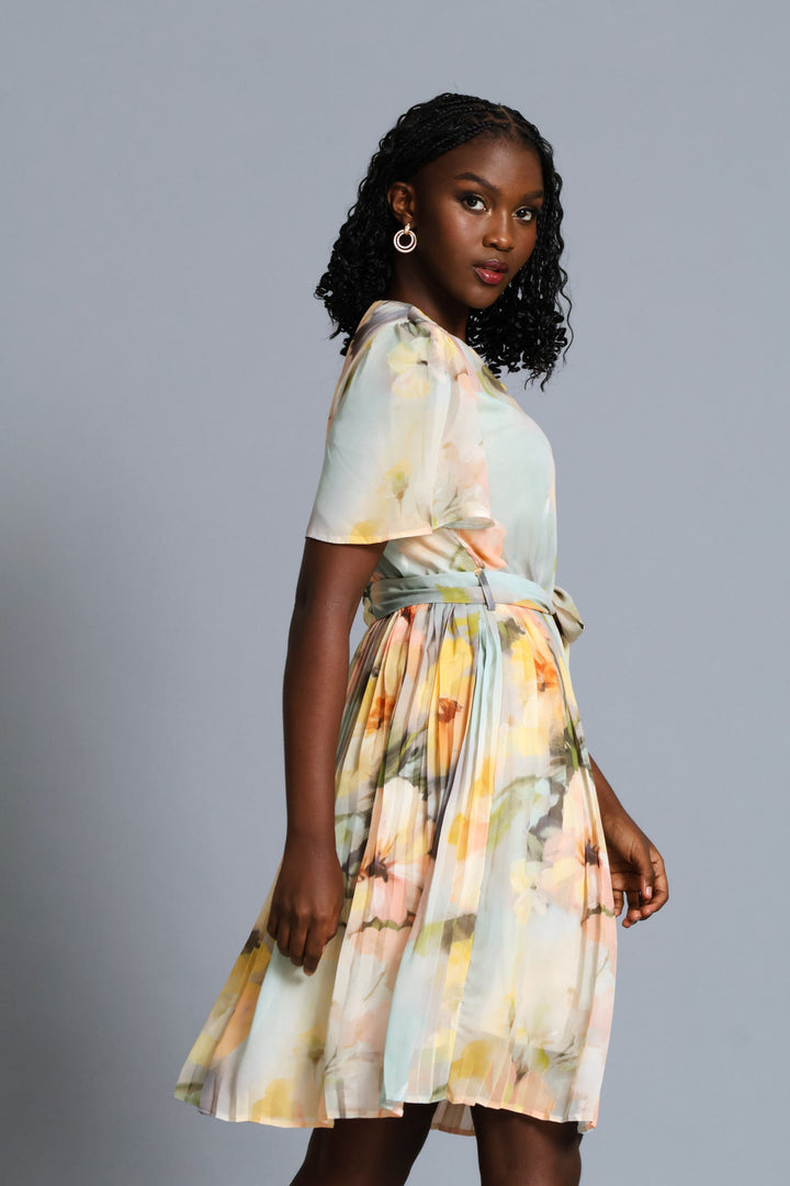 Floral Watercolour Pleated Tea Dress - Cream